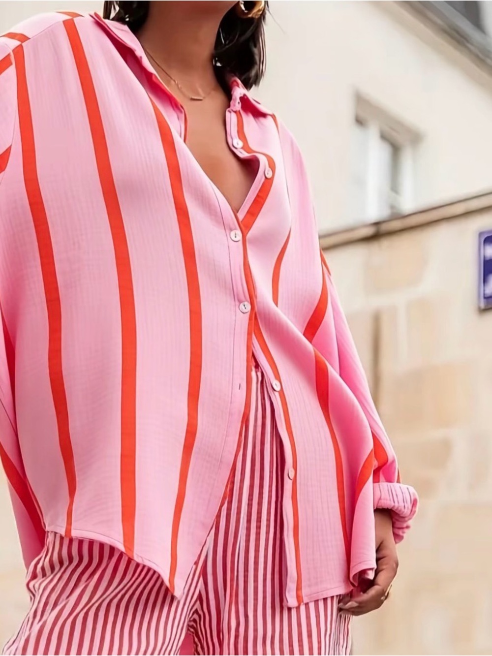 Women's Pink & Red Striped Button-Down Set